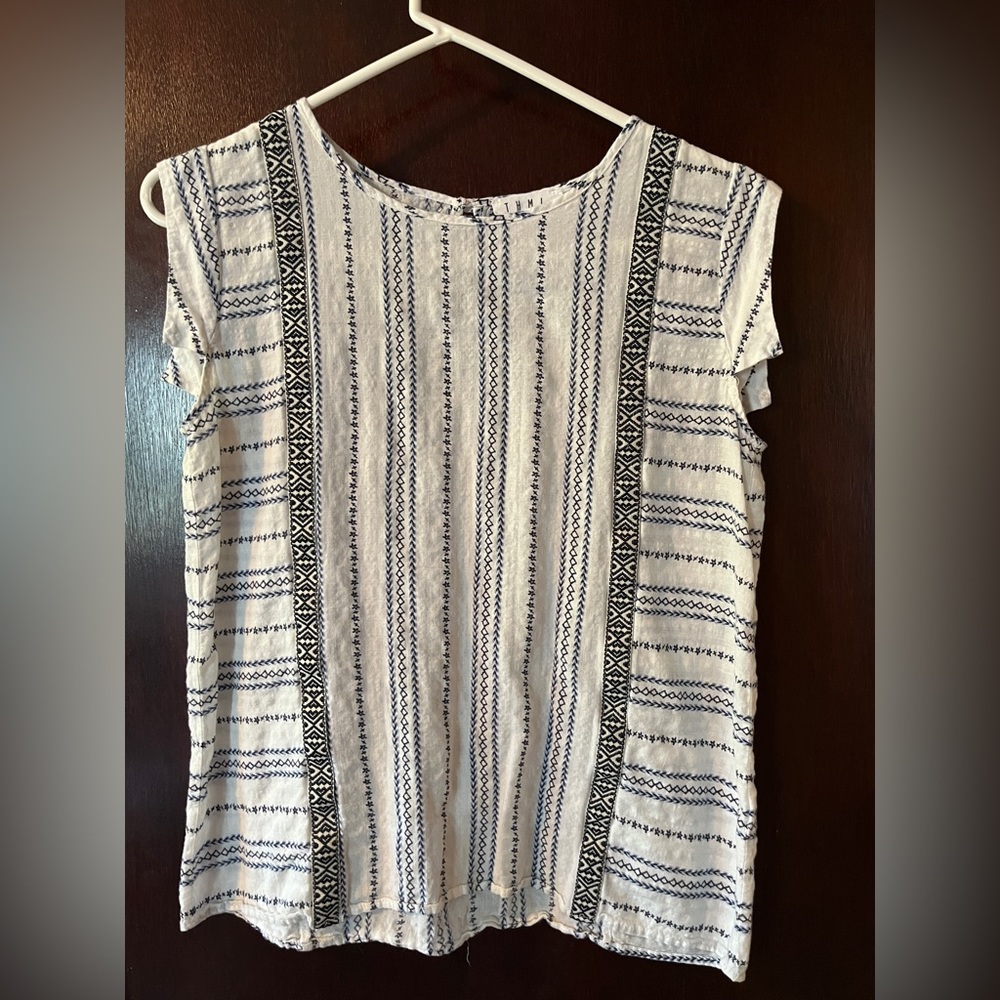 White w/ Blue pattern stripes by THML in S. Black patterned ribbon on front